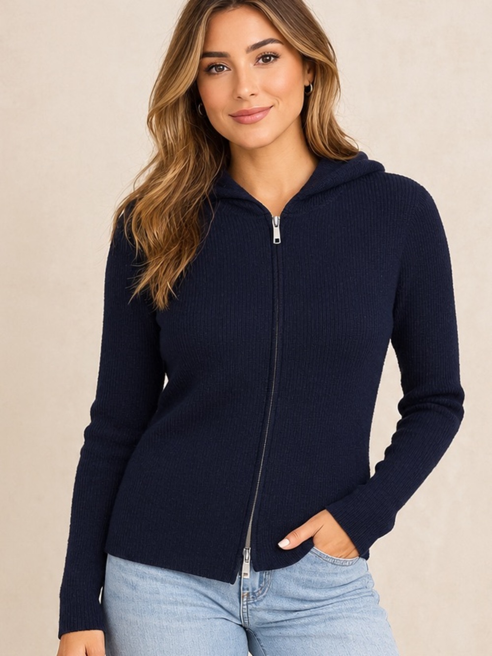 Brandy Melville Navy Blue Ribbed Zip-Up Hooded Sweater/Cardigan